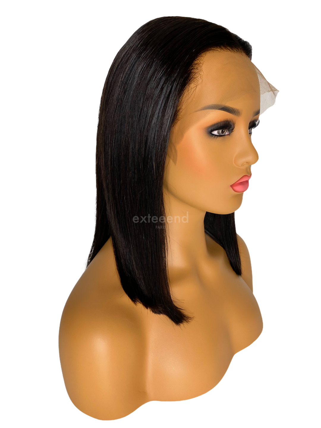 Perruque femme Lara carré long noir lace wig lace front lace frontal indétectable prêt-à-porter cheveux naturels pose sans colle ni gel glueless mannequin profil Exteeend Paris