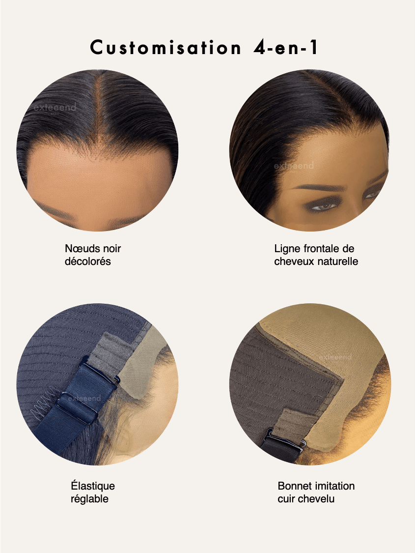 Perruque lace frontal ou lace front wig indétectable pose sans colle ni gel pre plucked hairline élastique et noeuds blanchis